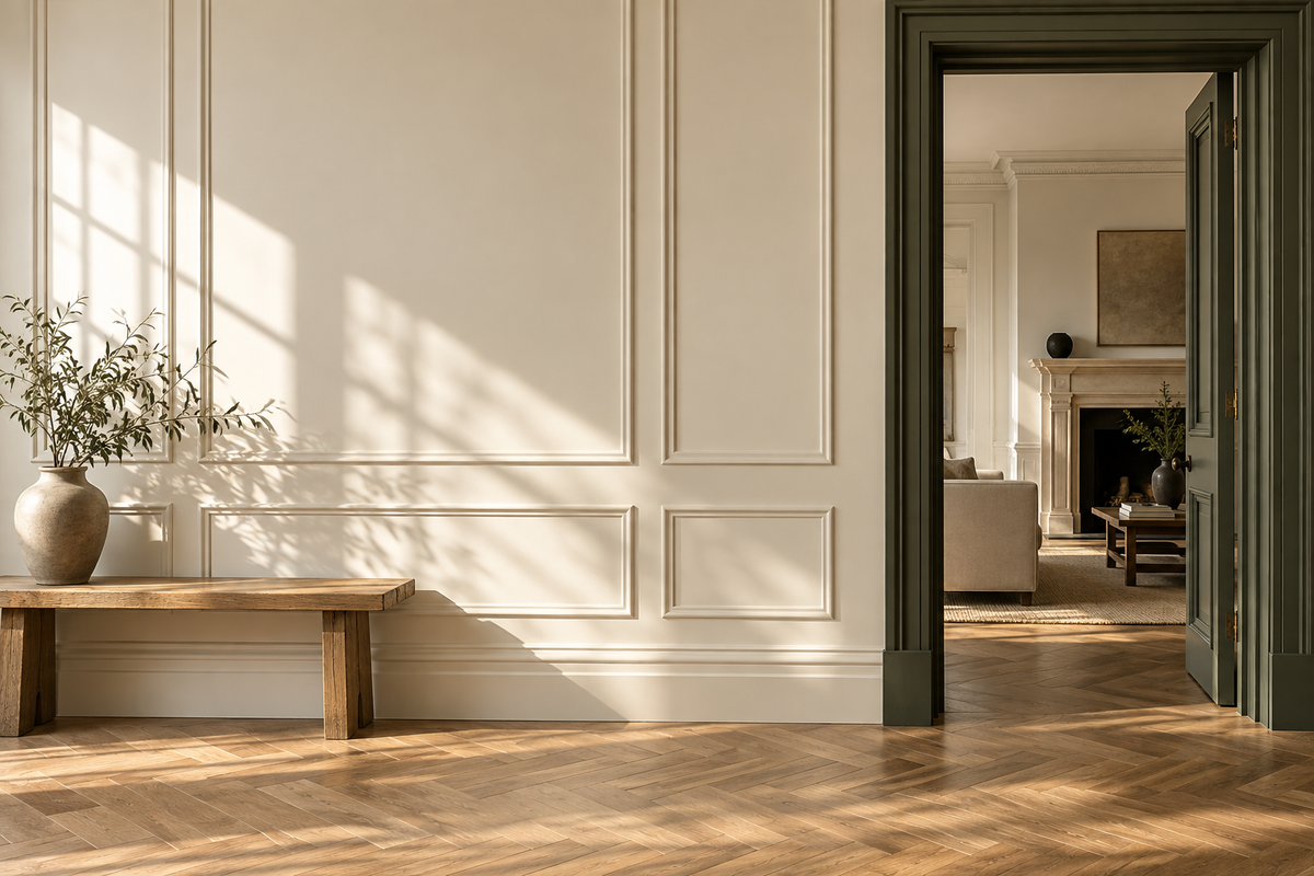 Interior inspiration: limestone wall panelling, olive doorway and oak floor