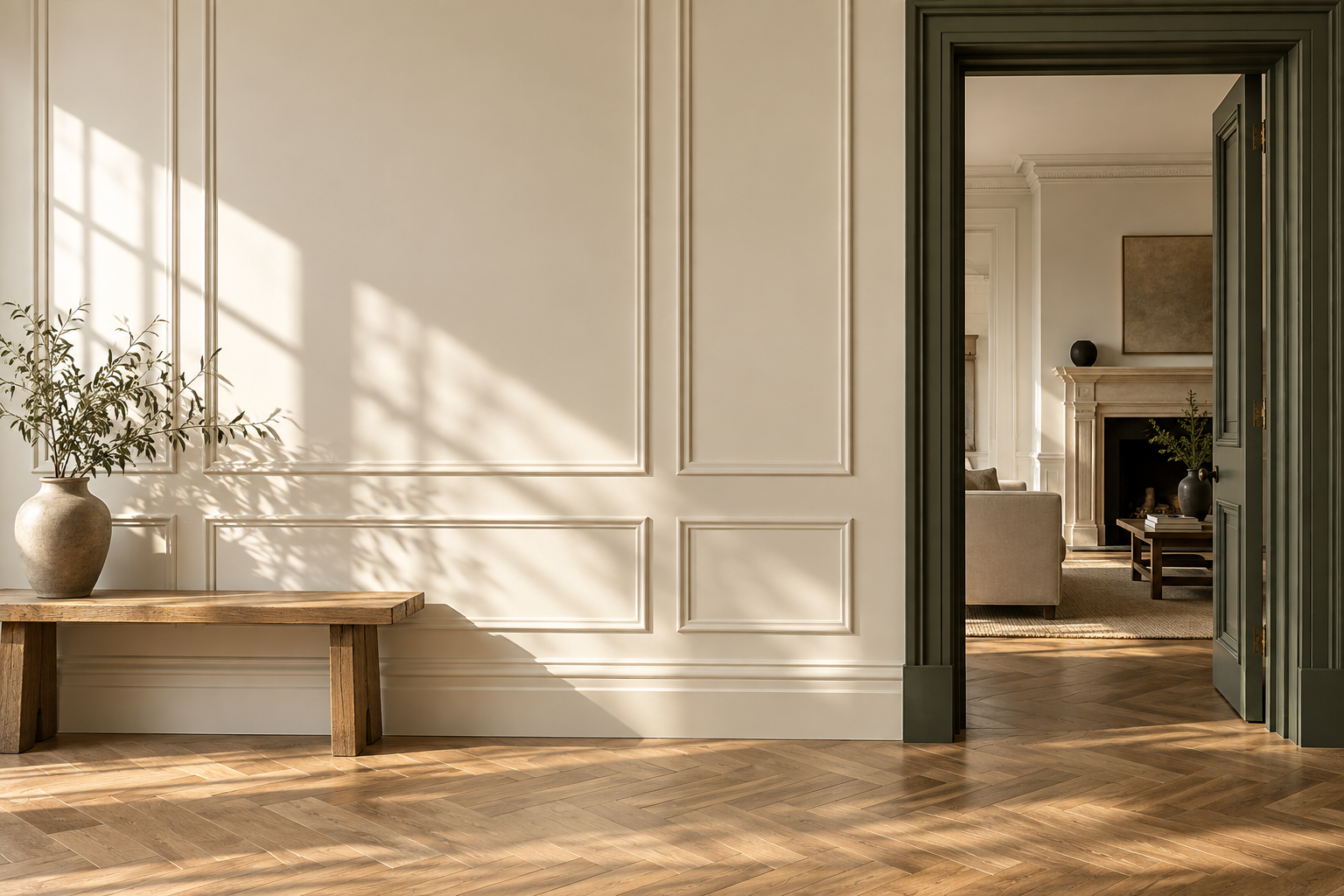 Interior inspiration: limestone wall panelling, olive doorway and oak floor