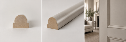 Astragal bead moisture-resistant MDF profile, angled view and interior application
