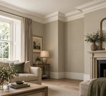 Cornice installed at the wall and ceiling junction in a modern-classic living room