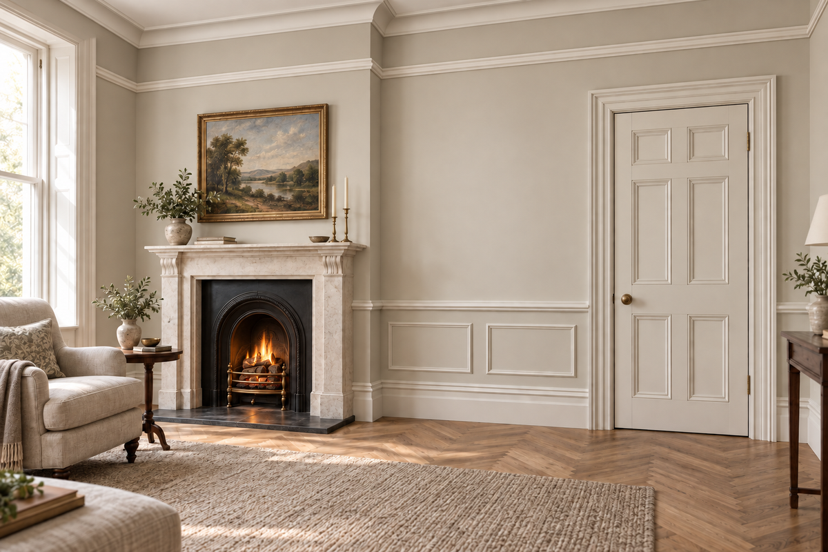 Illustrative classical limestone sitting room with a lit fireplace, cornice, picture rail, low dado rail, astragal wall panels, Tall Victorian skirting and matching doorway architrave.