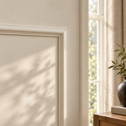 Interior visualisation: Astragal Bead installed beside a sash window in the Limestone and Oak house