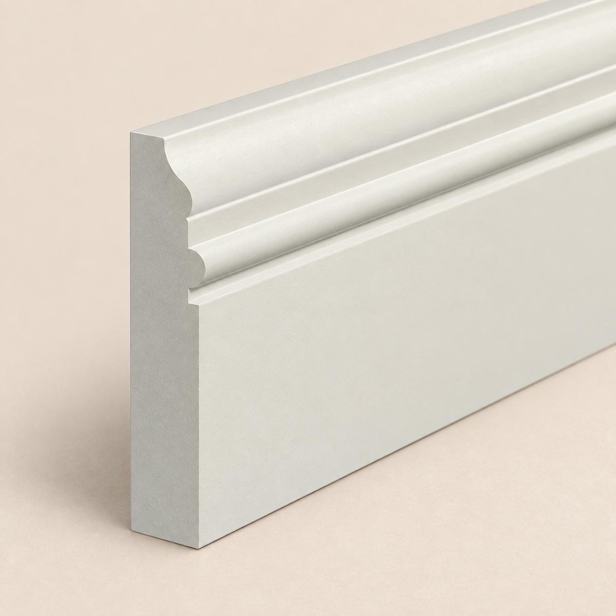 Bolection Section Skirting Board profile detail on a warm limestone background