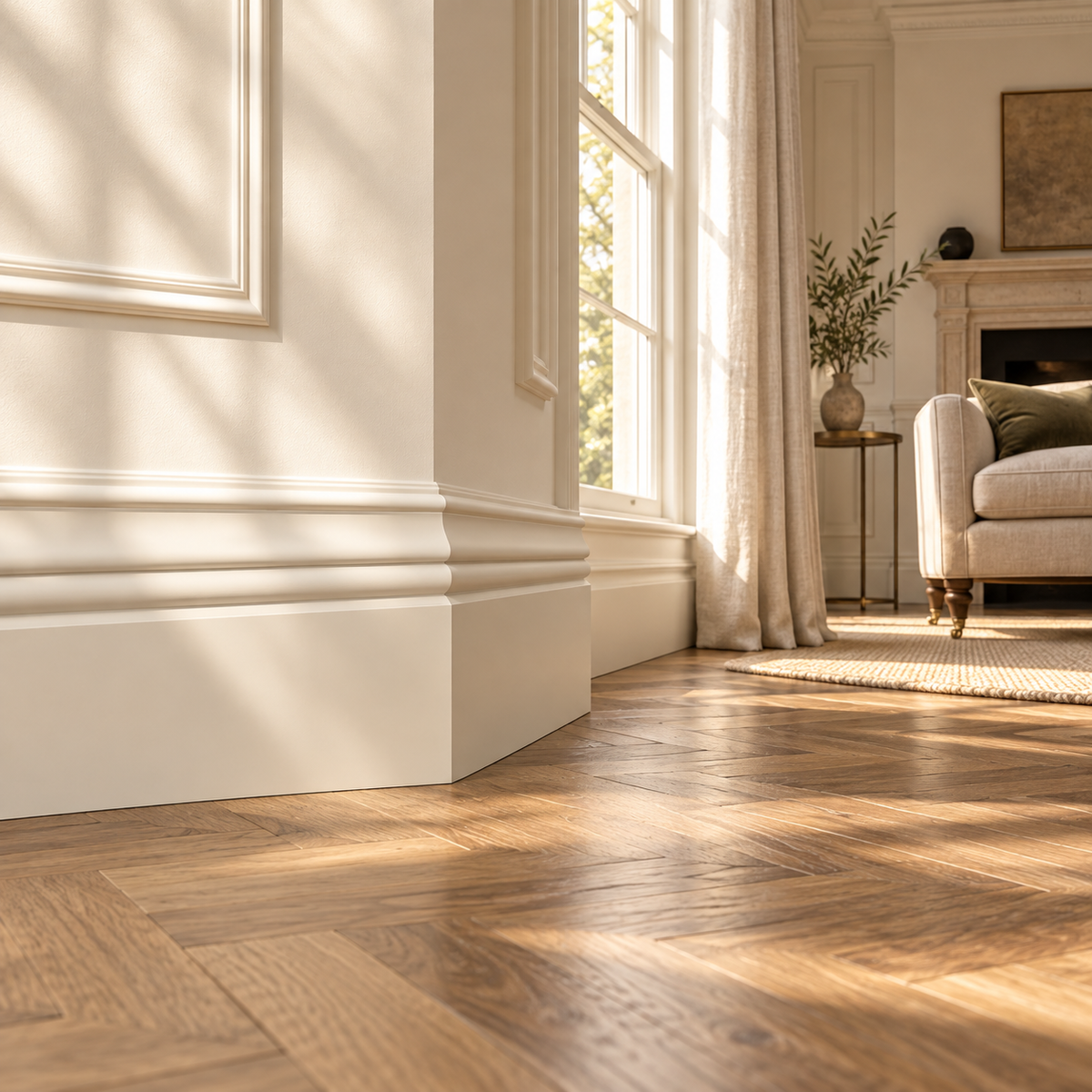 Interior visualisation: Bolection Section Skirting Board installed beside a sash window in the Limestone and Oak house