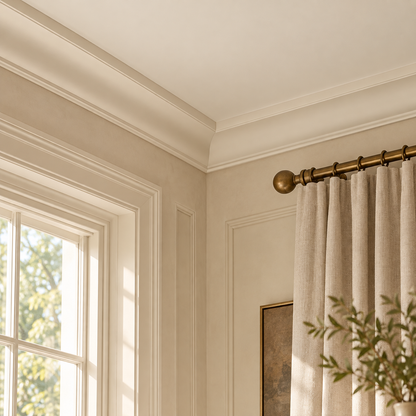 Interior visualisation: Cornice installed beside a sash window in the Limestone and Oak house