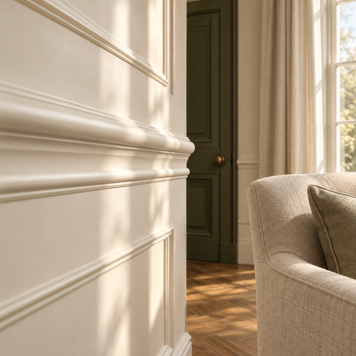Interior visualisation: Dado Rail installed beside a sash window in the Limestone and Oak house
