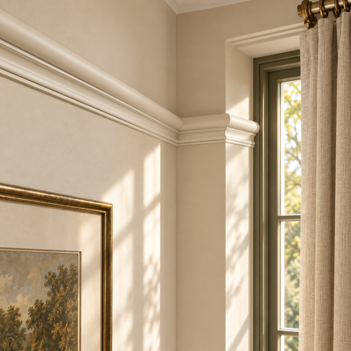 Interior visualisation: Picture Rail installed beside a sash window in the Limestone and Oak house