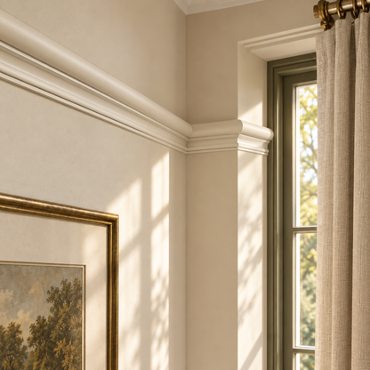 Interior visualisation: Picture Rail installed beside a sash window in the Limestone and Oak house