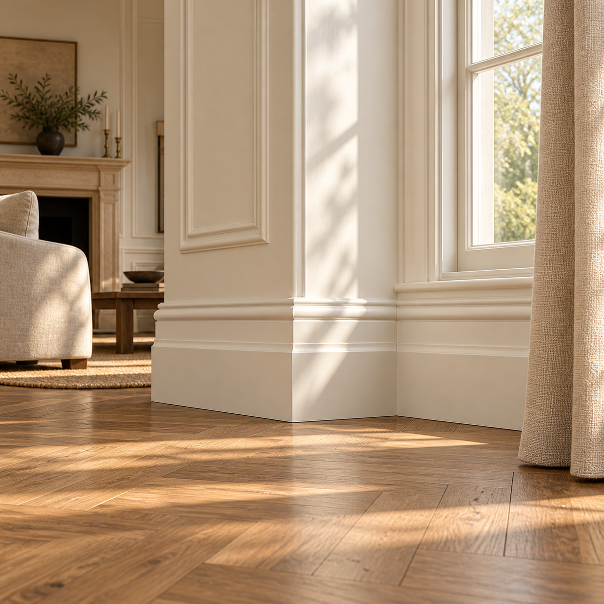 Interior visualisation: Tall Victorian Skirting Board installed beside a sash window in the Limestone and Oak house