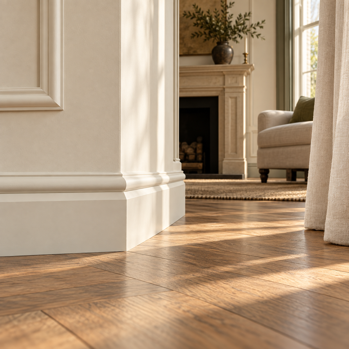 Interior visualisation: Taurus Skirting Board installed beside a sash window in the Limestone and Oak house