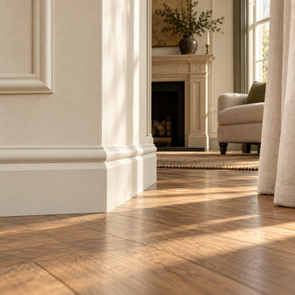 Interior visualisation: Taurus Skirting Board installed beside a sash window in the Limestone and Oak house