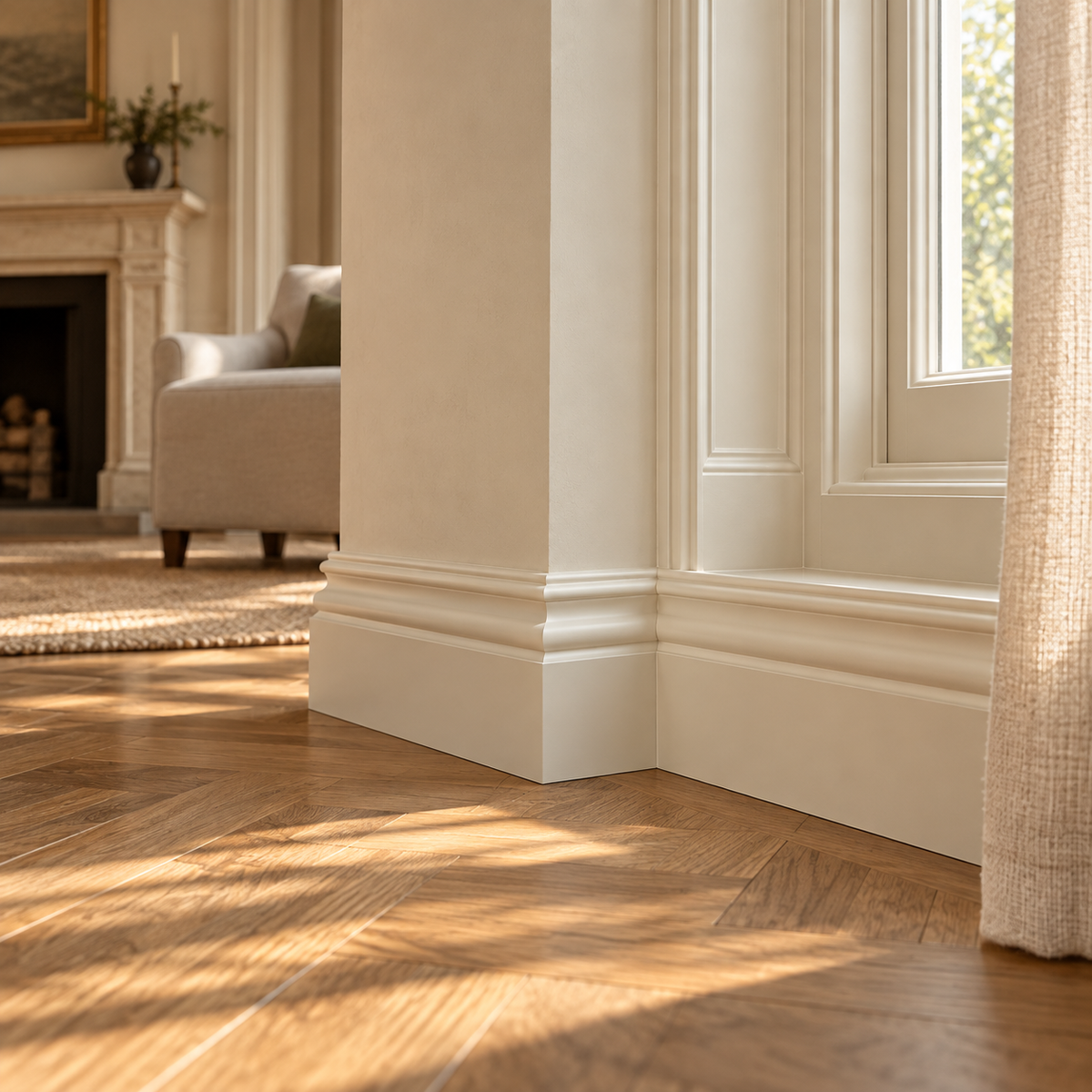 Interior visualisation: Victorian Skirting Board installed beside a sash window in the Limestone and Oak house