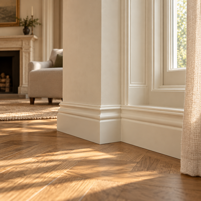 Interior visualisation: Victorian Skirting Board installed beside a sash window in the Limestone and Oak house