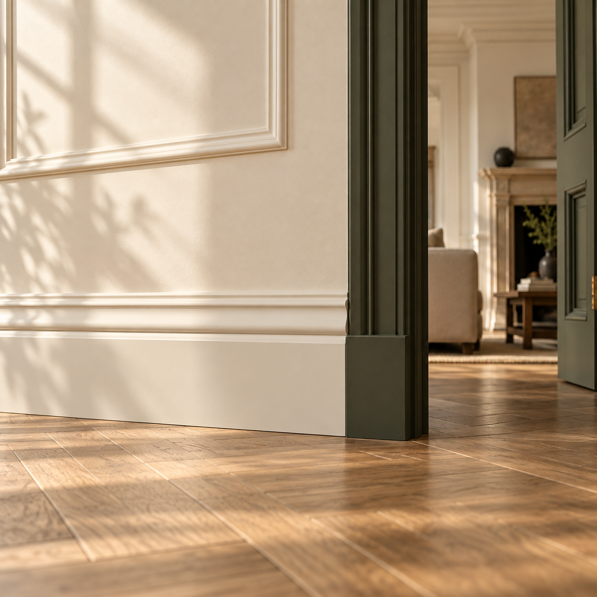 Interior visualisation of bolection section skirting board in the Limestone and Oak house