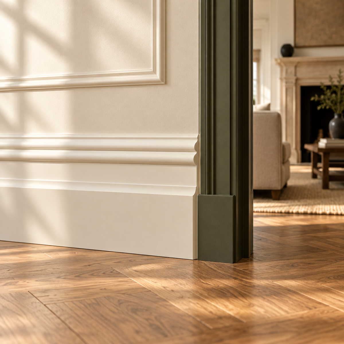 Interior visualisation of tall victorian skirting board in the Limestone and Oak house